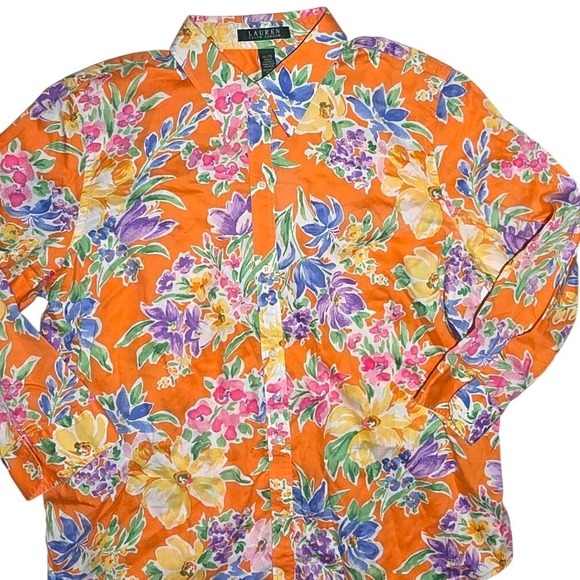 Lauren Ralph Lauren Women's Orange Floral Long Sleeve Button Down blouse XL NWOT - Picture 2 of 2
